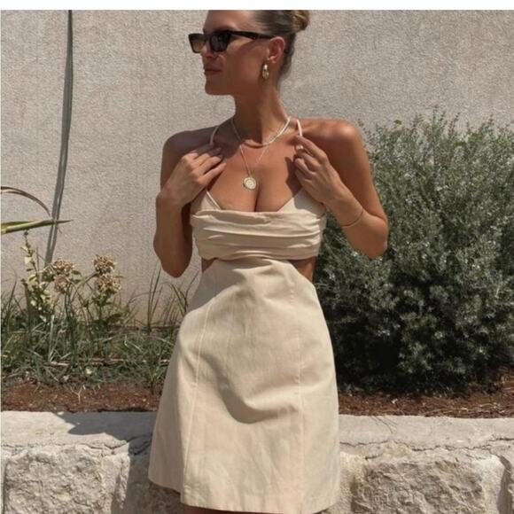 Zara Cream Linen Blend Halter Cut Out Sundress NWT Size XLarge - Picture 2 of 11